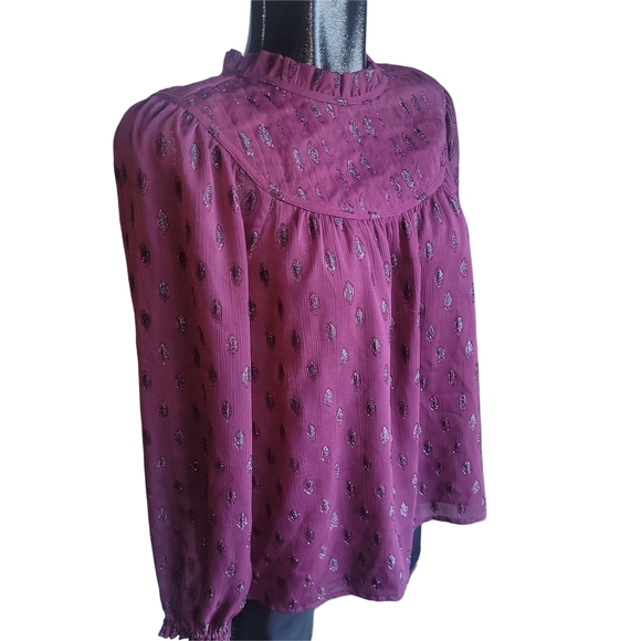 Loft Purple Pleated Yoke Long Sleeve Blouse M - Picture 3 of 7